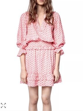 Zadig & Voltaire Rune Dobby Mini Dress XS Pink Boho Evil Eye Ruffle Edgy Boho